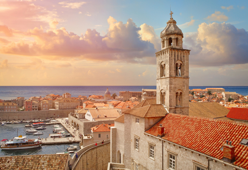 Croatian town Dubrovnik with the port and Dominican monastery