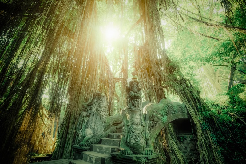 Surreal sunrise colors of fantasy Monkey Forest with Barong Lion bridge and Hindu Temple. Bali, Indonesia. Concept landscape for mysterious background